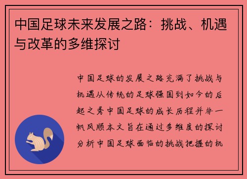中国足球未来发展之路:挑战、机遇与改革的多维探讨