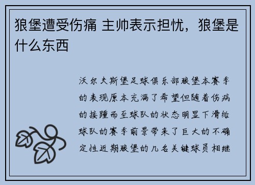 狼堡遭受伤痛 主帅表示担忧,狼堡是什么东西