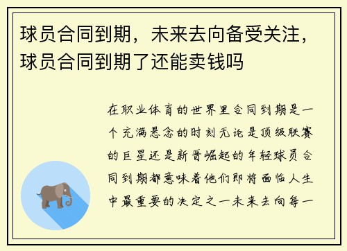 球员合同到期,未来去向备受关注,球员合同到期了还能卖钱吗
