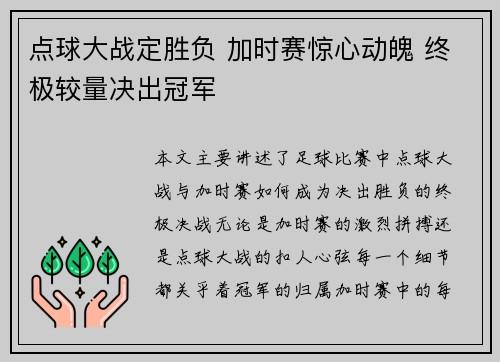 点球大战定胜负 加时赛惊心动魄 终极较量决出冠军