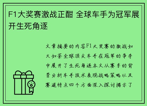 F1大奖赛激战正酣 全球车手为冠军展开生死角逐