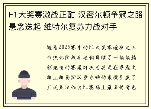 F1大奖赛激战正酣 汉密尔顿争冠之路悬念迭起 维特尔复苏力战对手