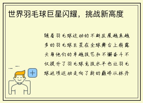 世界羽毛球巨星闪耀，挑战新高度