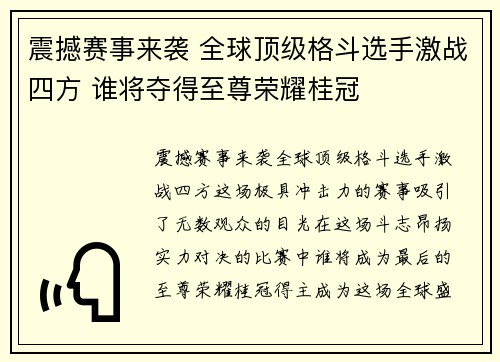 震撼赛事来袭 全球顶级格斗选手激战四方 谁将夺得至尊荣耀桂冠